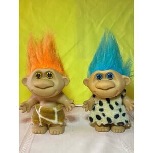 Set of 2 VTG Troll Doll Caveman and Cavewoman dressed 6.50 in tall GUC